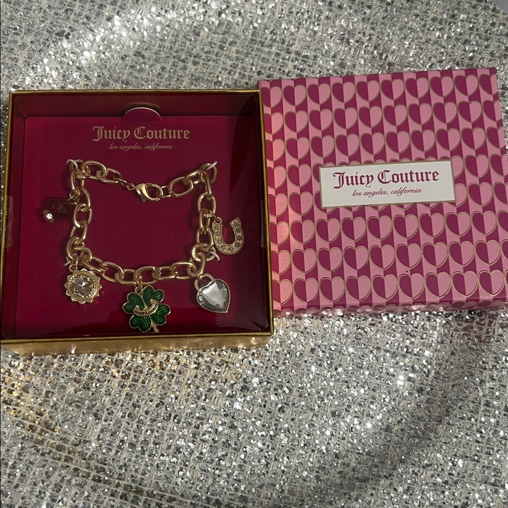 Juicy Couture Gold-Tone Charm Bracelet with Green Enamel Clover and Red Crystal - Picture 2 of 3